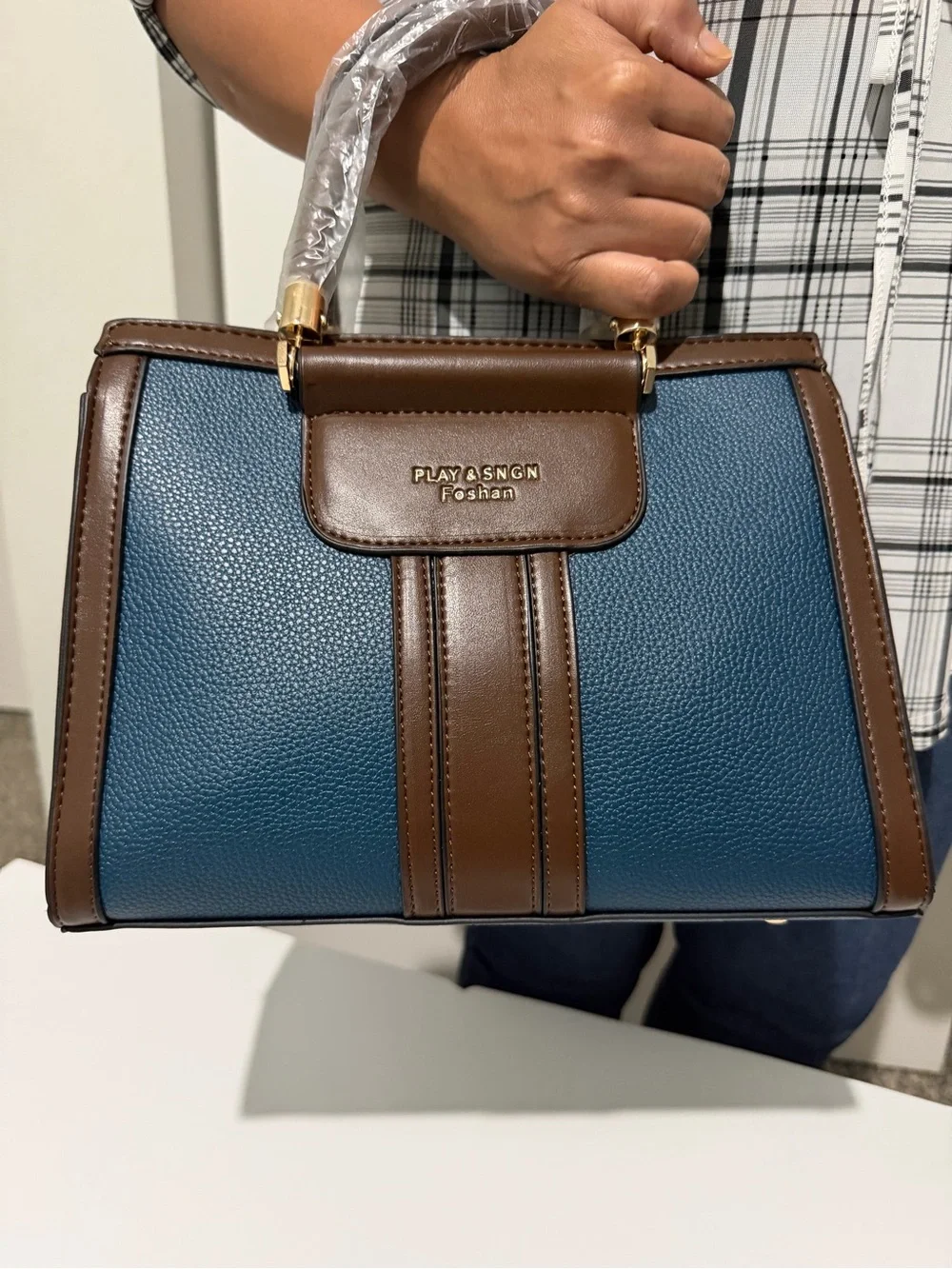 PLAY & SNGN Blue and Brown Structured Satchel with Wallet Set
